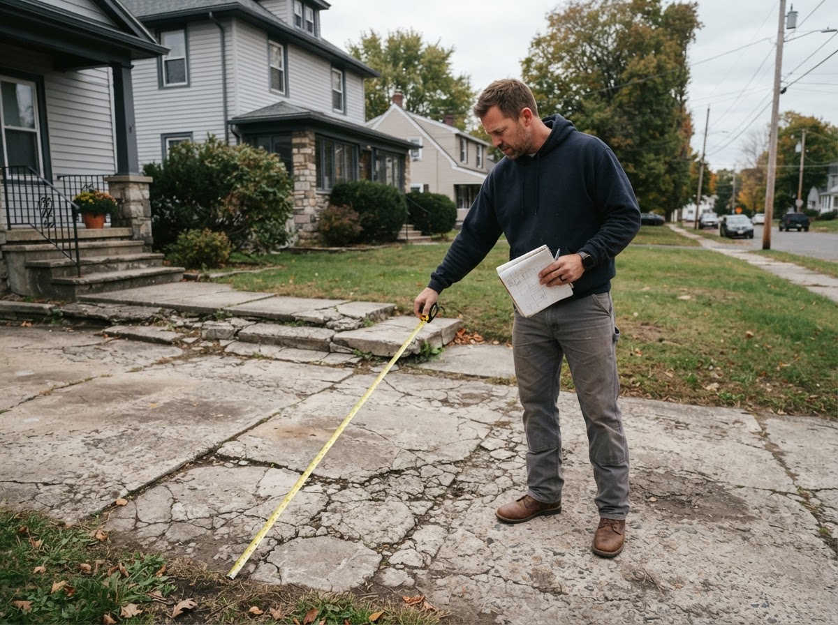 Concrete contractor assessing a residential driveway for replacement in the Camillus NY area