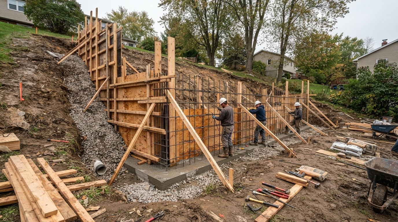 Reinforced concrete retaining wall under construction in Camillus NY