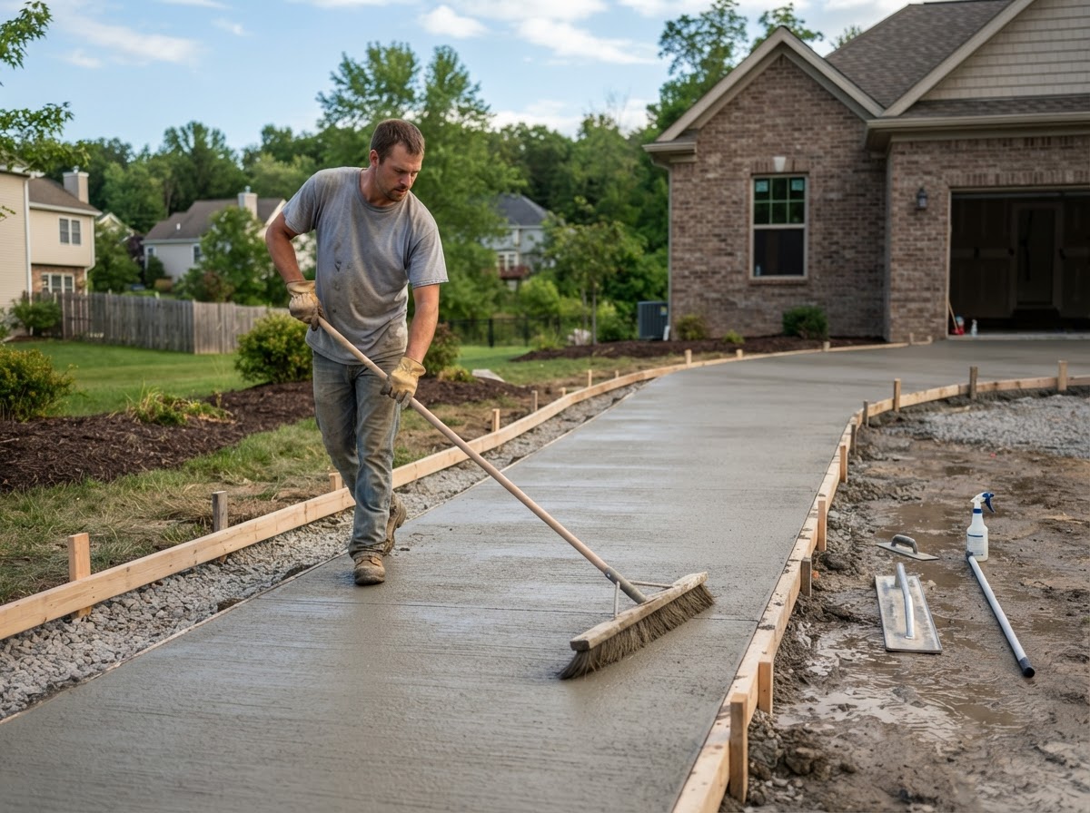 Broom finishing a new concrete driveway in Camillus NY