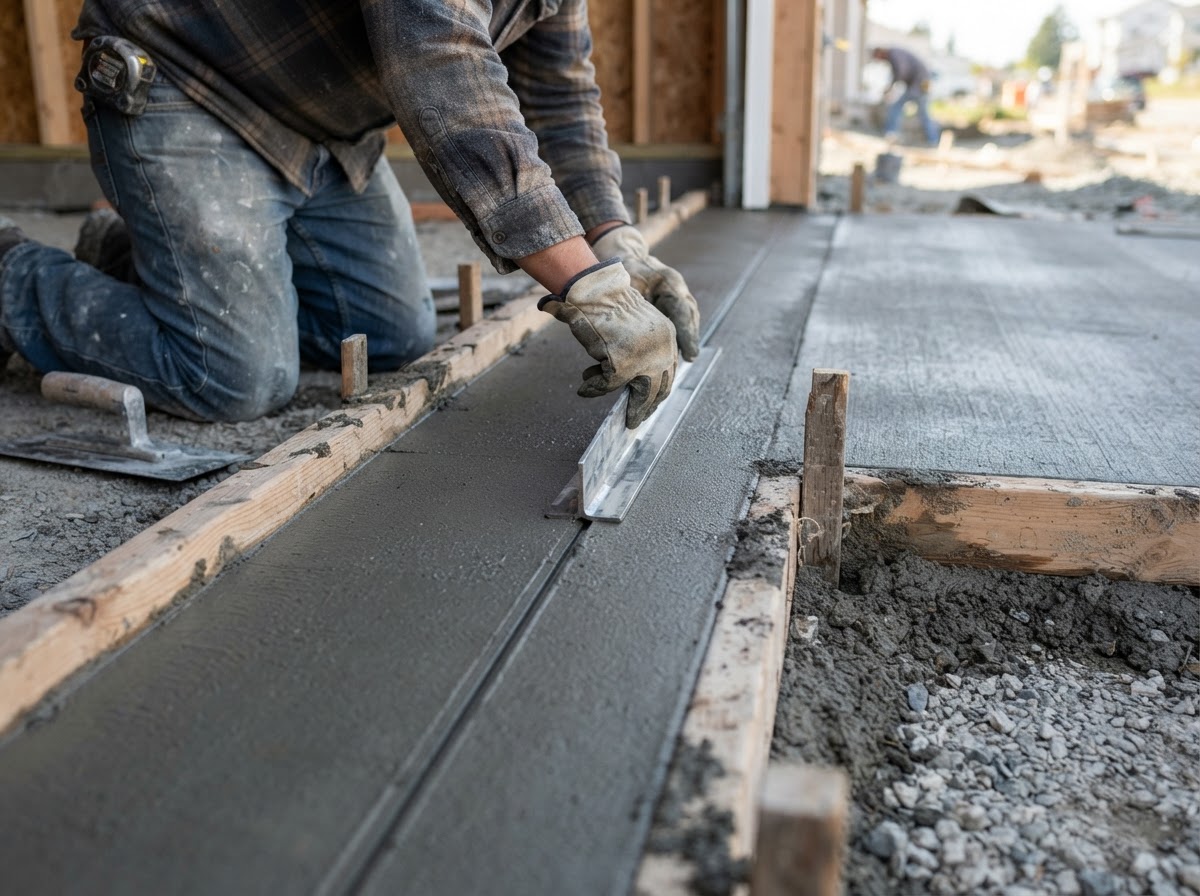 Concrete garage slab edge and control joint being tooled in Camillus NY