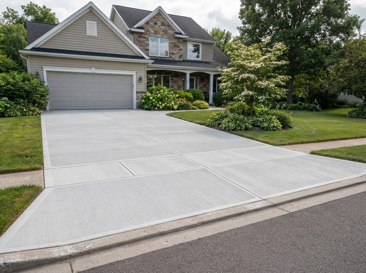 Finished broom-finish concrete driveway in Camillus NY