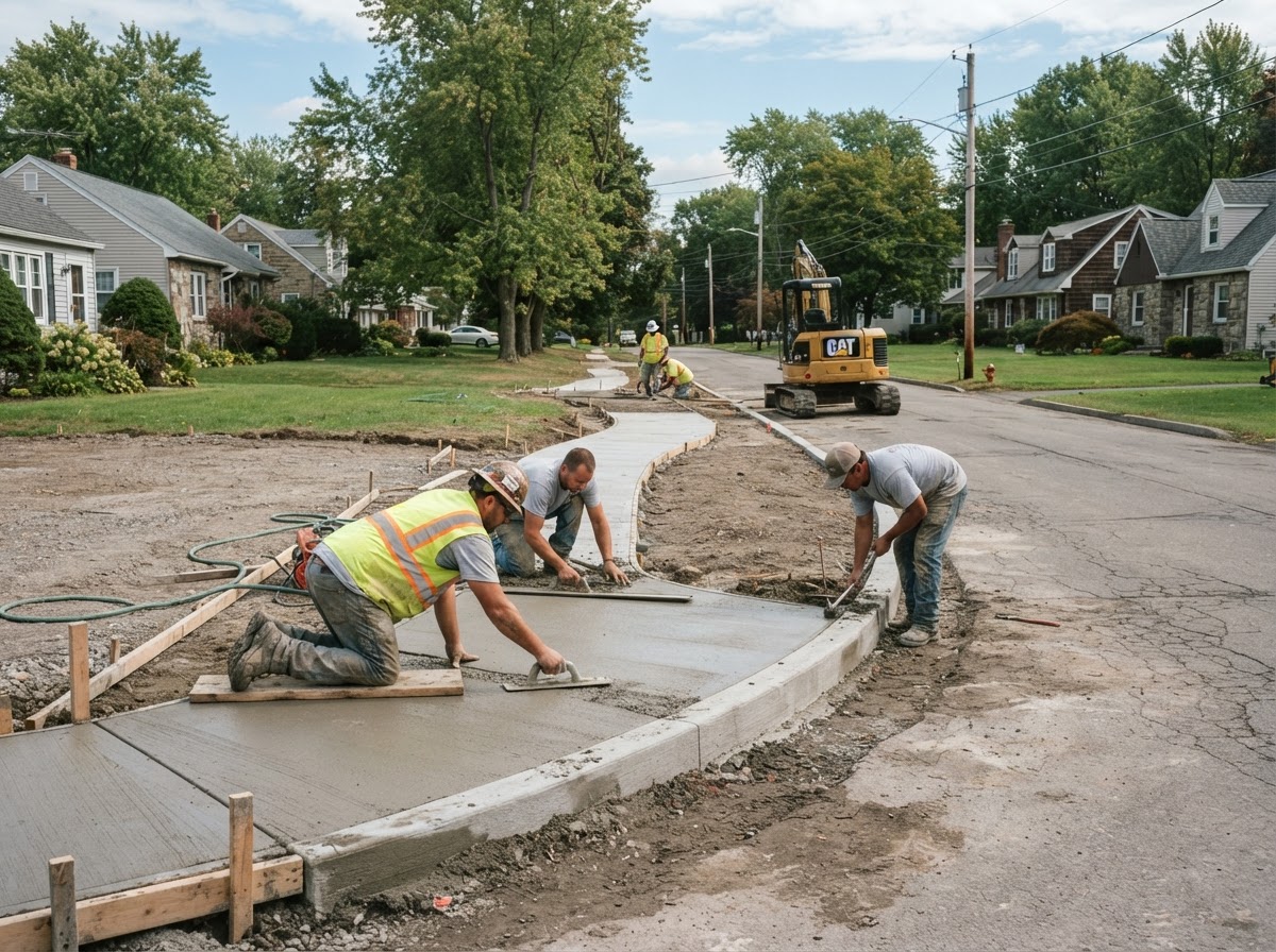 Concrete sidewalk being placed along a residential street in Camillus NY