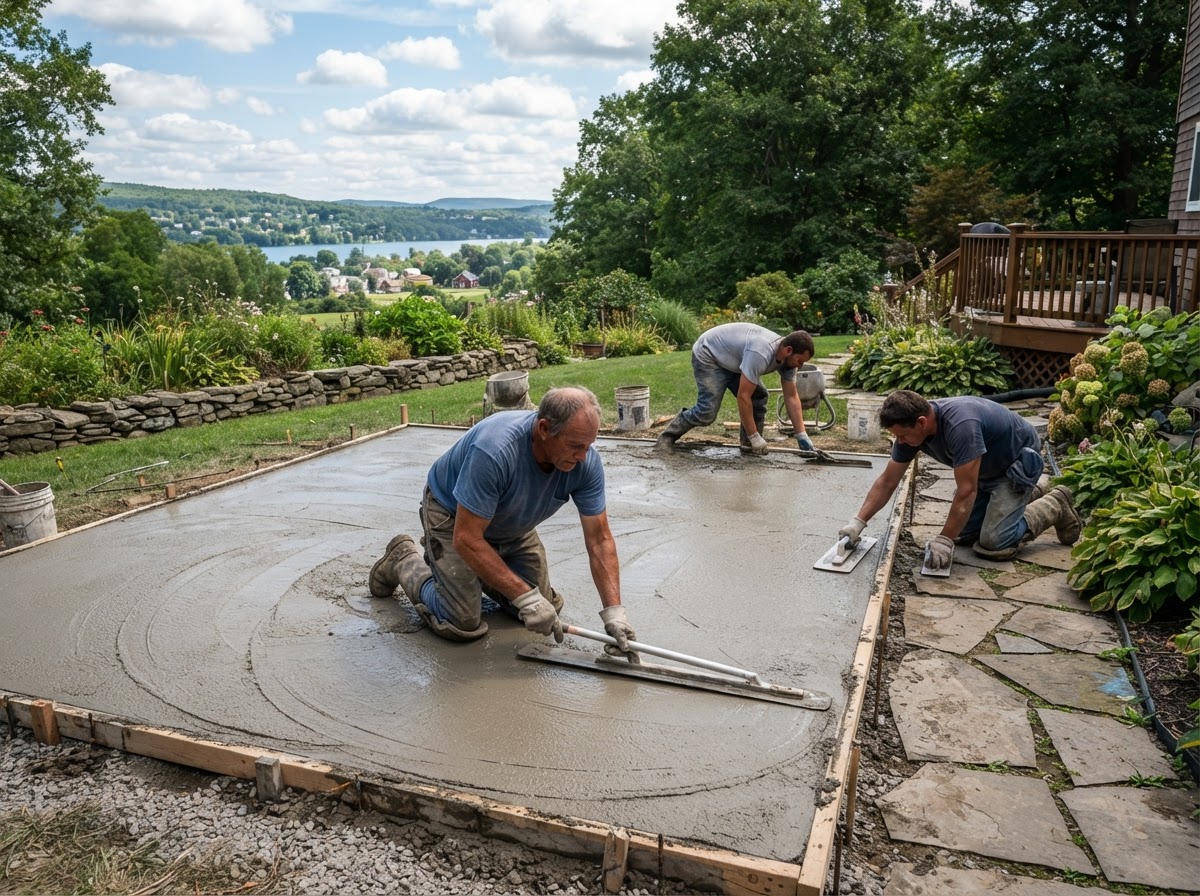 Concrete patio being finished in a Skaneateles NY Finger Lakes village yard