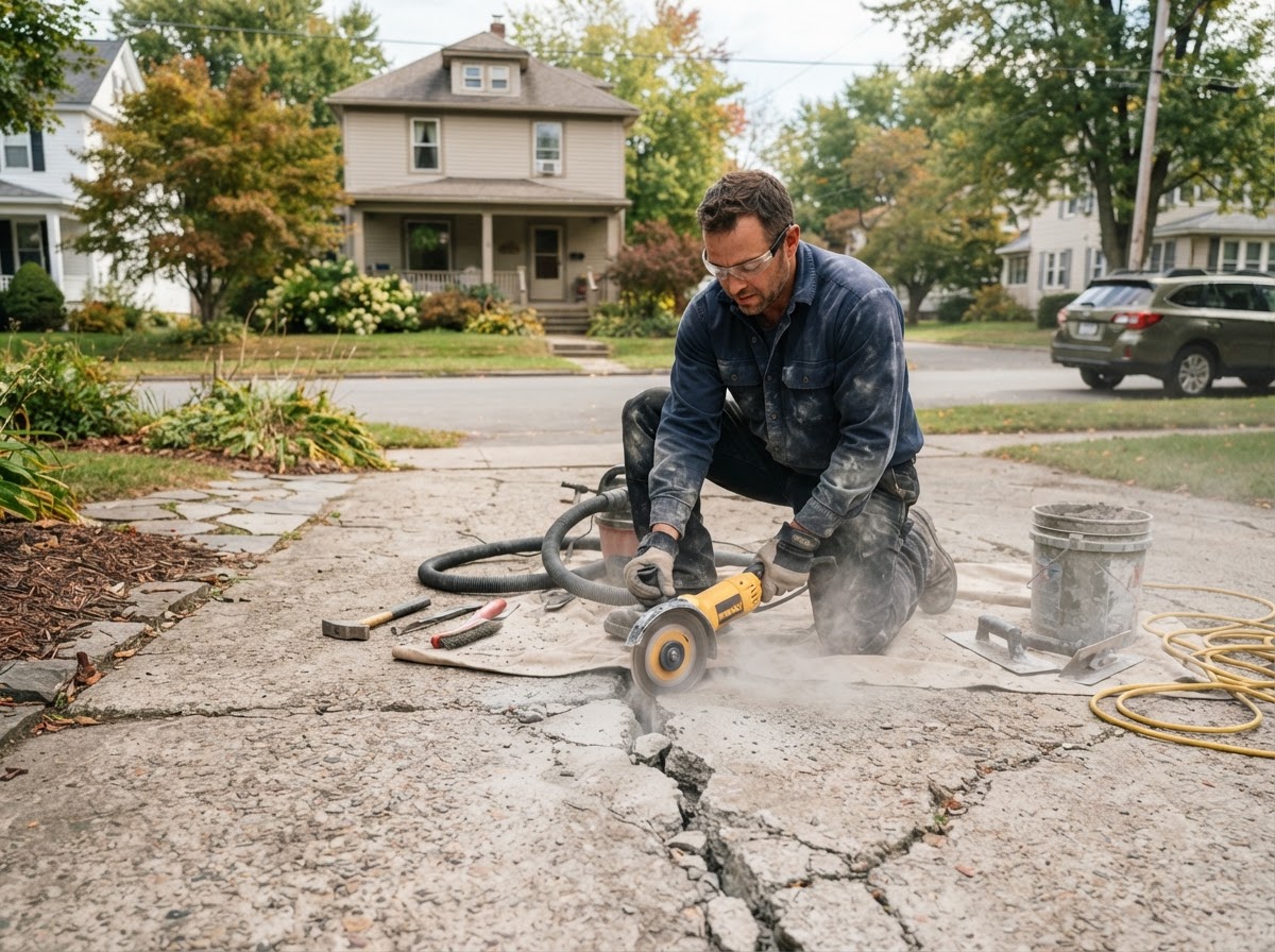 Concrete crack repair preparation on a Marcellus NY driveway section