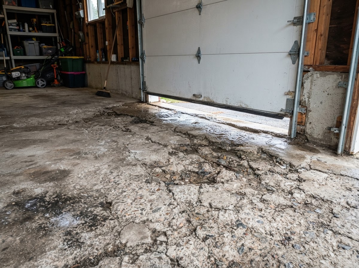 Cracked and spalled concrete garage floor with salt damage in Camillus NY