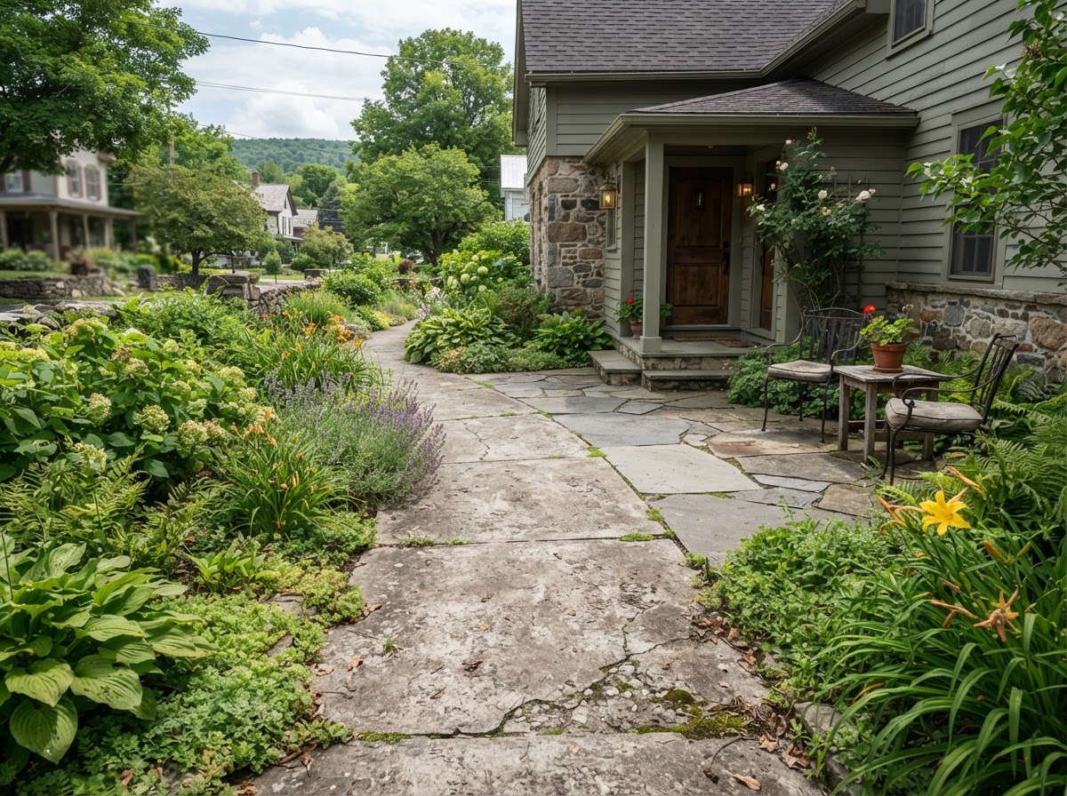 Concrete walkway and patio detail near an older village home in Skaneateles NY Finger Lakes setting