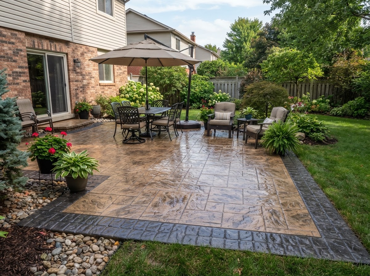 Stamped concrete patio with decorative border in Camillus NY
