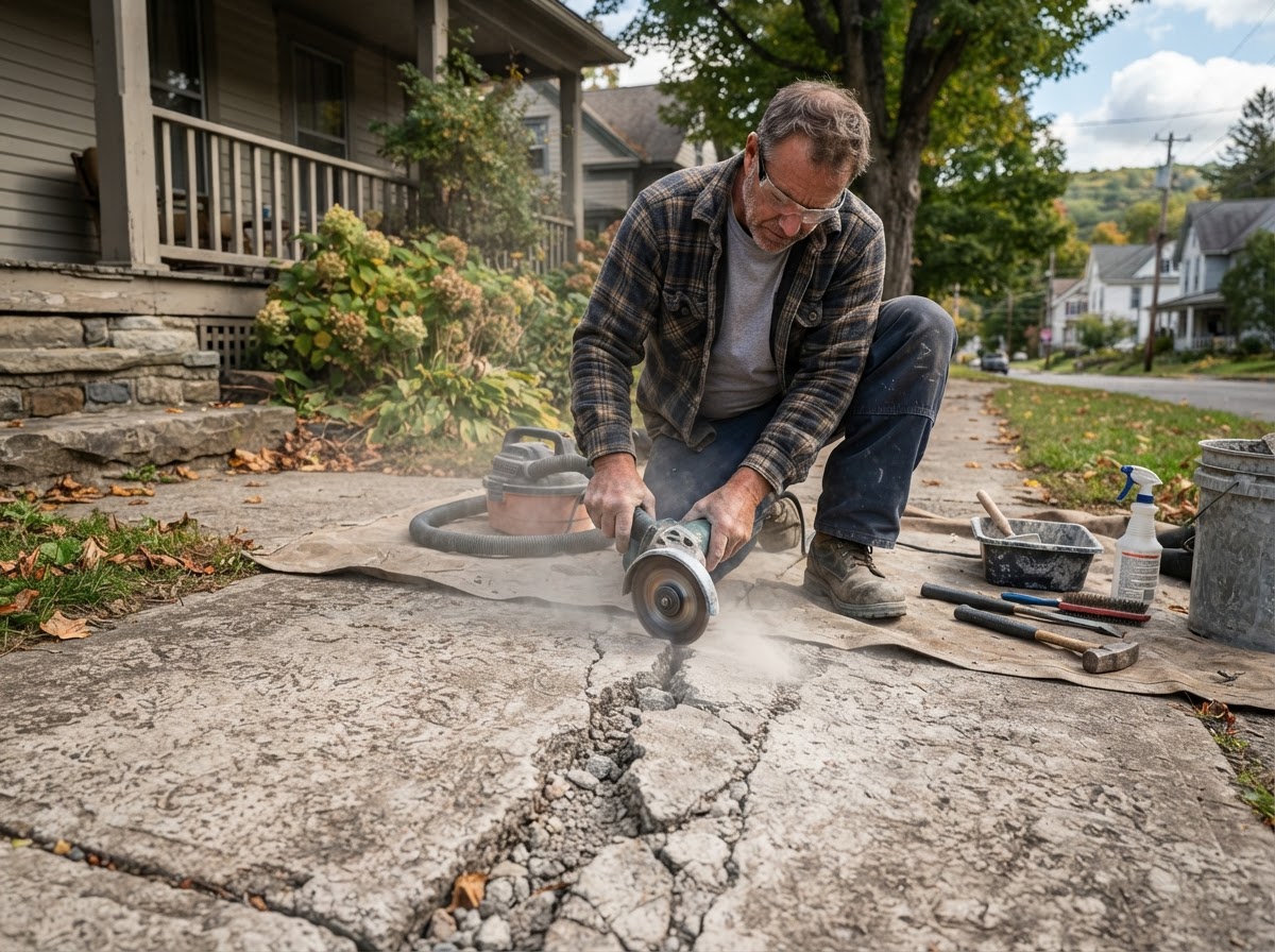 Concrete crack repair preparation on an older Skaneateles NY residential property