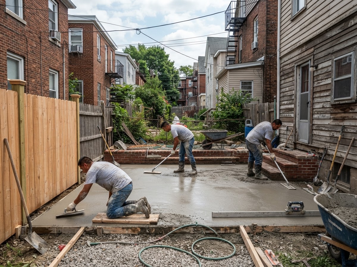 Concrete patio being finished in a dense Syracuse NY urban residential lot