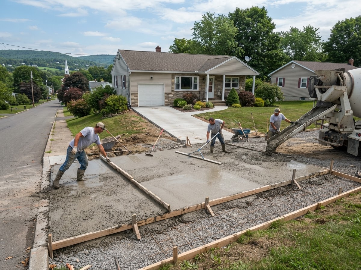 Concrete driveway being placed on a sloped Marcellus NY valley village lot