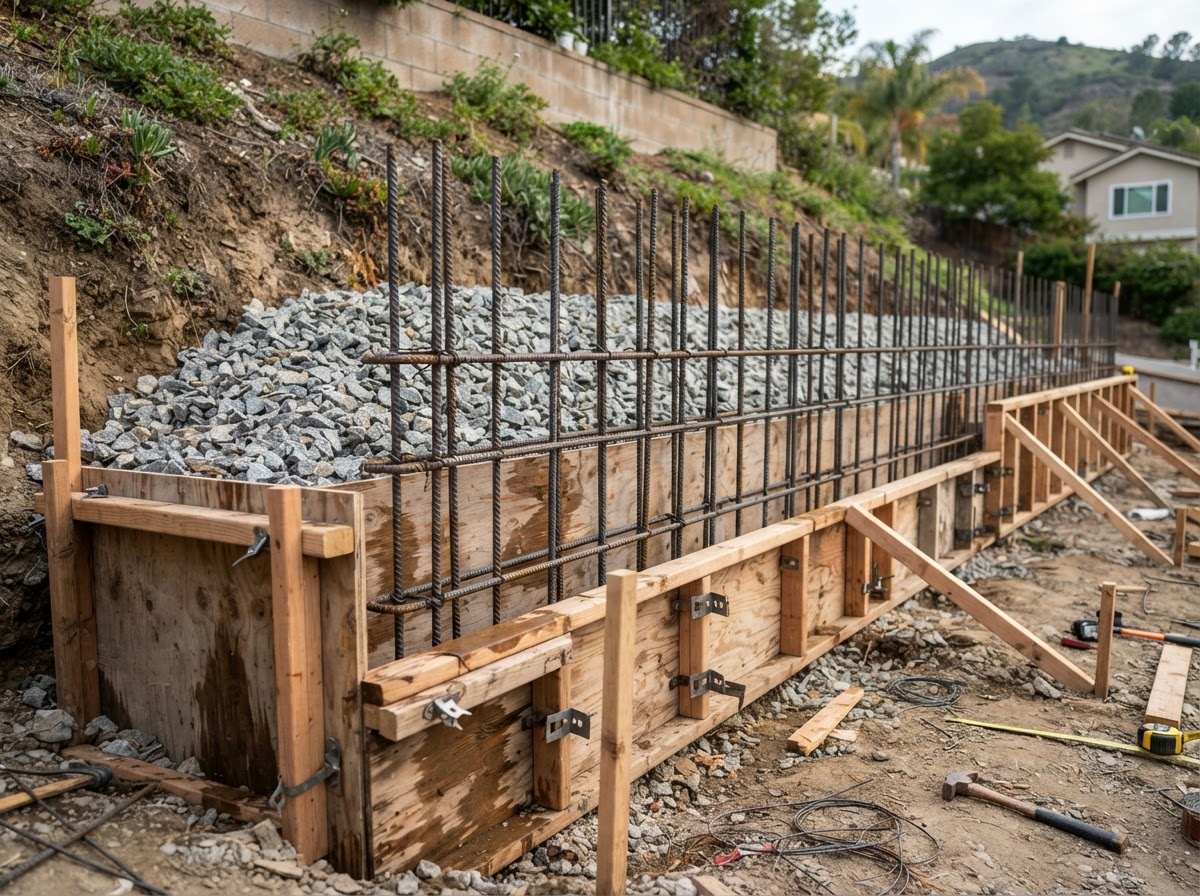 Retaining wall reinforcement and formwork before placement in Camillus NY