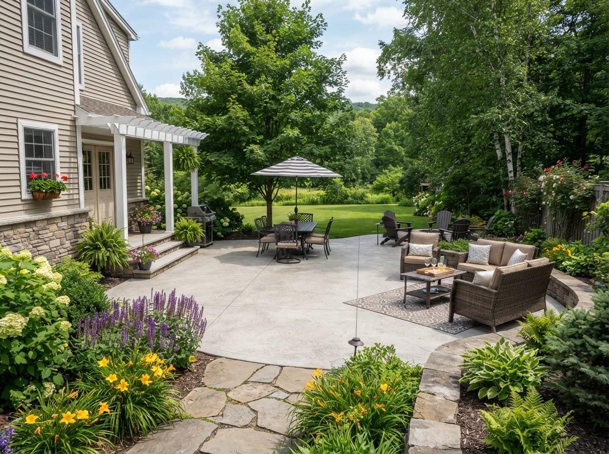 Completed residential concrete patio in Camillus NY