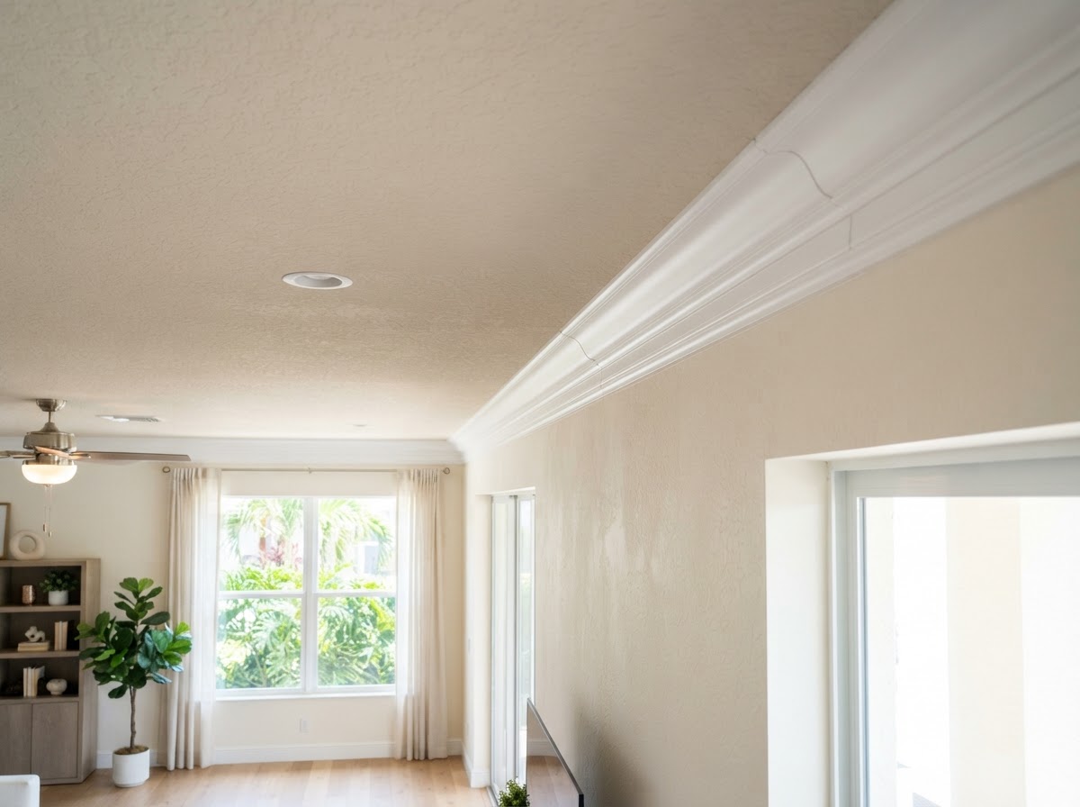 Long run of crown molding installed along a ceiling in Bloomingdale