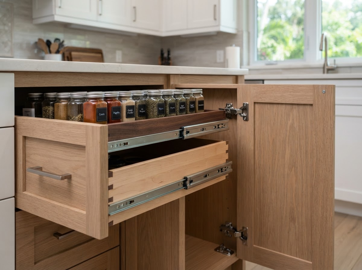 Custom cabinet drawer and storage detail in Fish Hawk FL