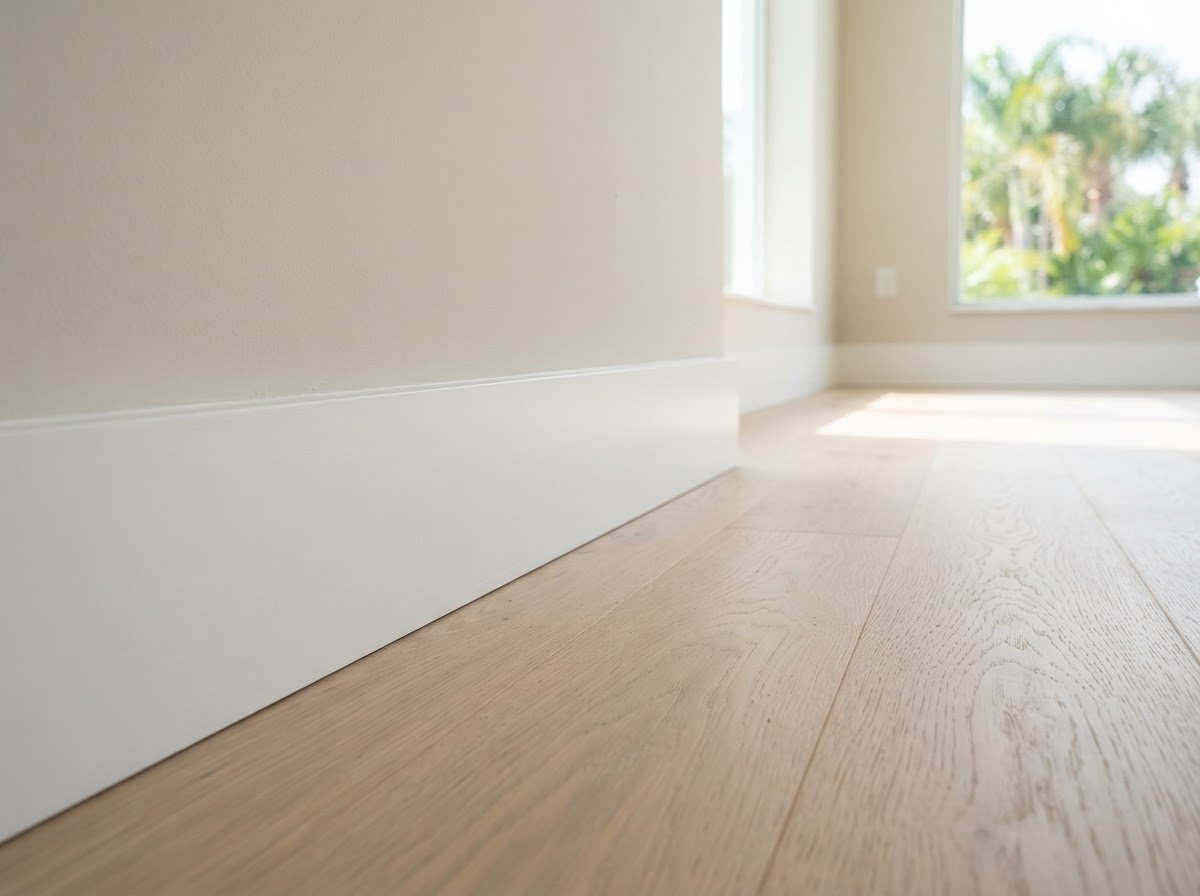 Baseboard installed beside new flooring in a Bloomingdale home