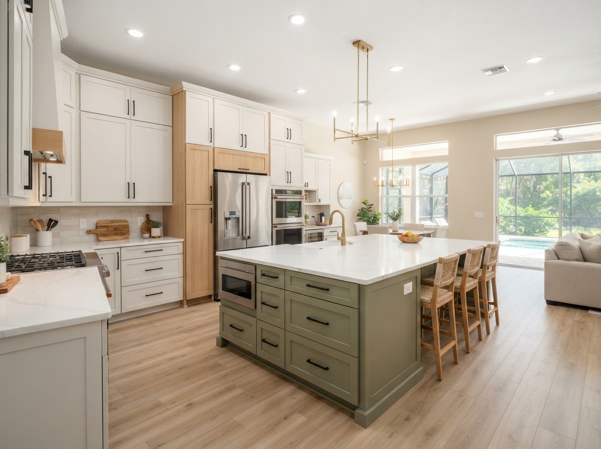 Custom kitchen cabinetry in a newer Riverview Florida home with open-plan layout