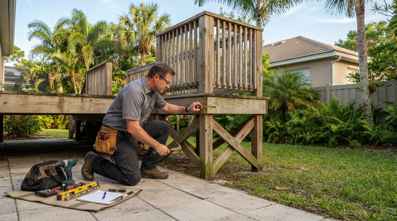 Deck repair assessment in a Bloomingdale Florida backyard