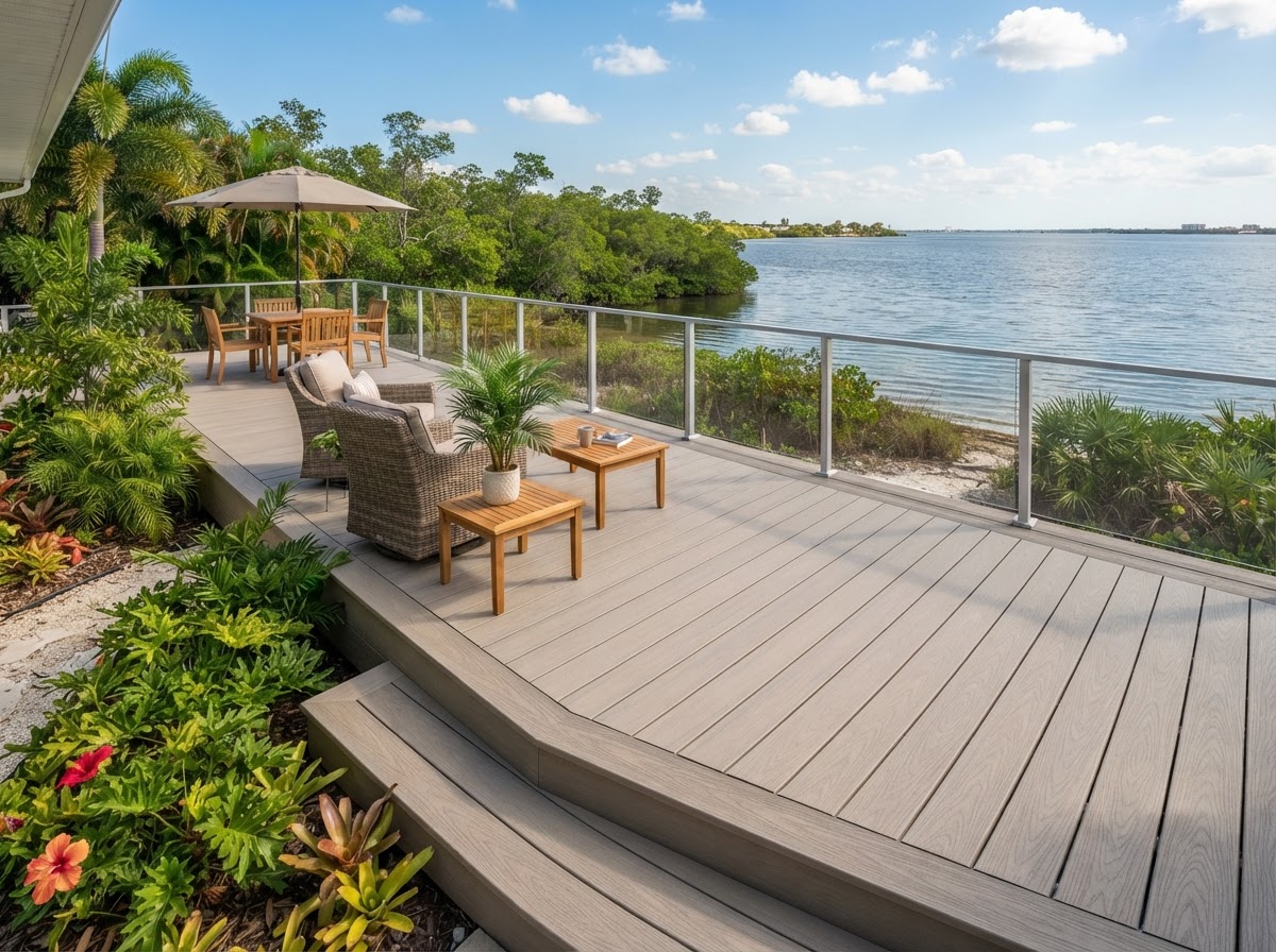 Composite deck in a subtropical coastal Apollo Beach Florida backyard