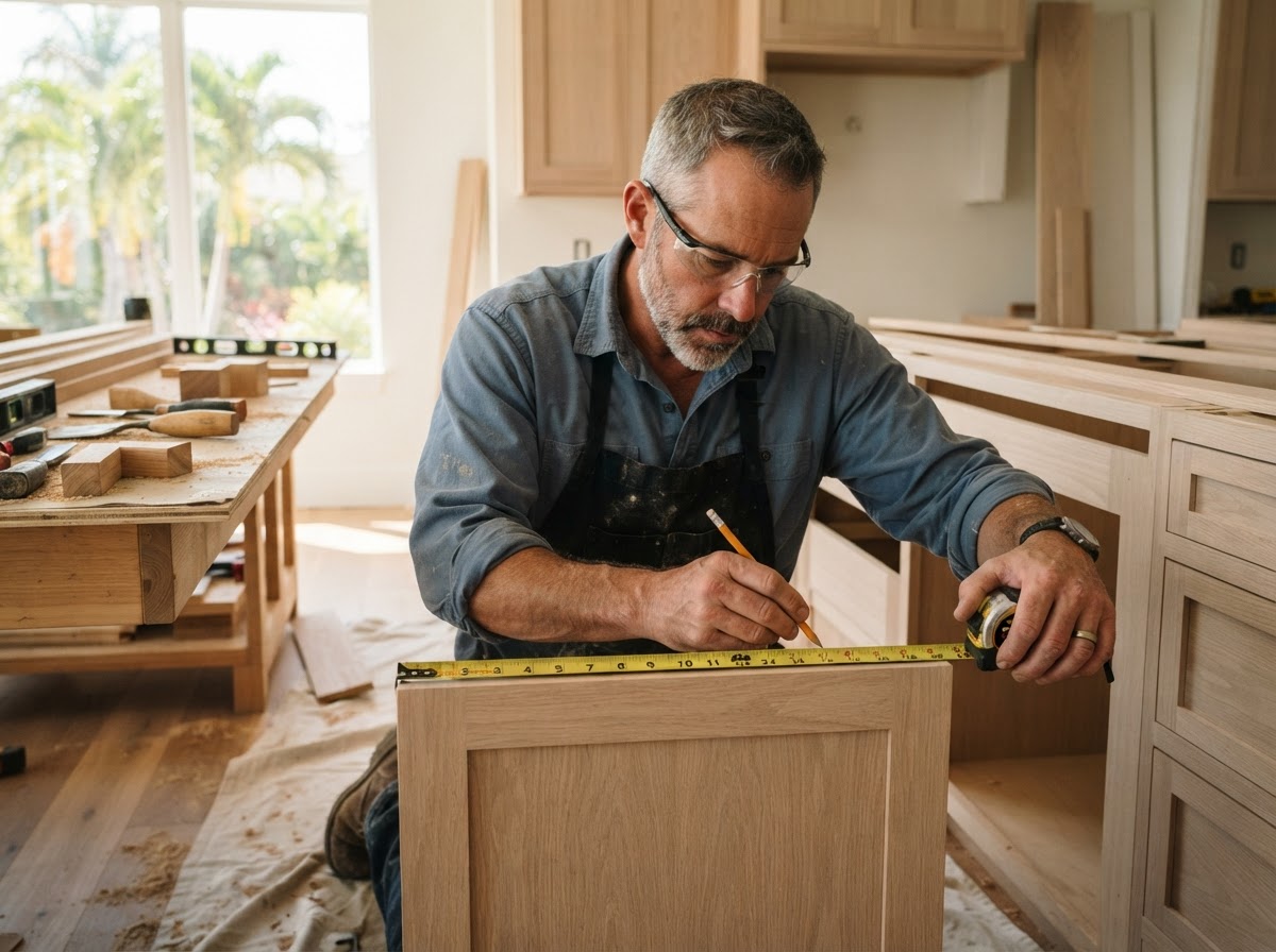 Carpenter measuring custom cabinetry for a Bloomingdale project