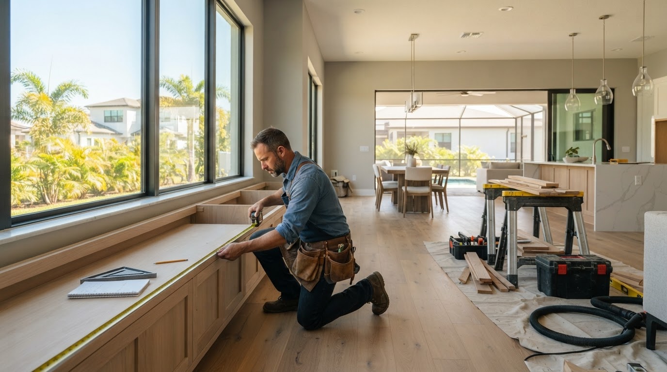 Carpenter measuring custom cabinetry in a newer Riverview Florida suburban interior