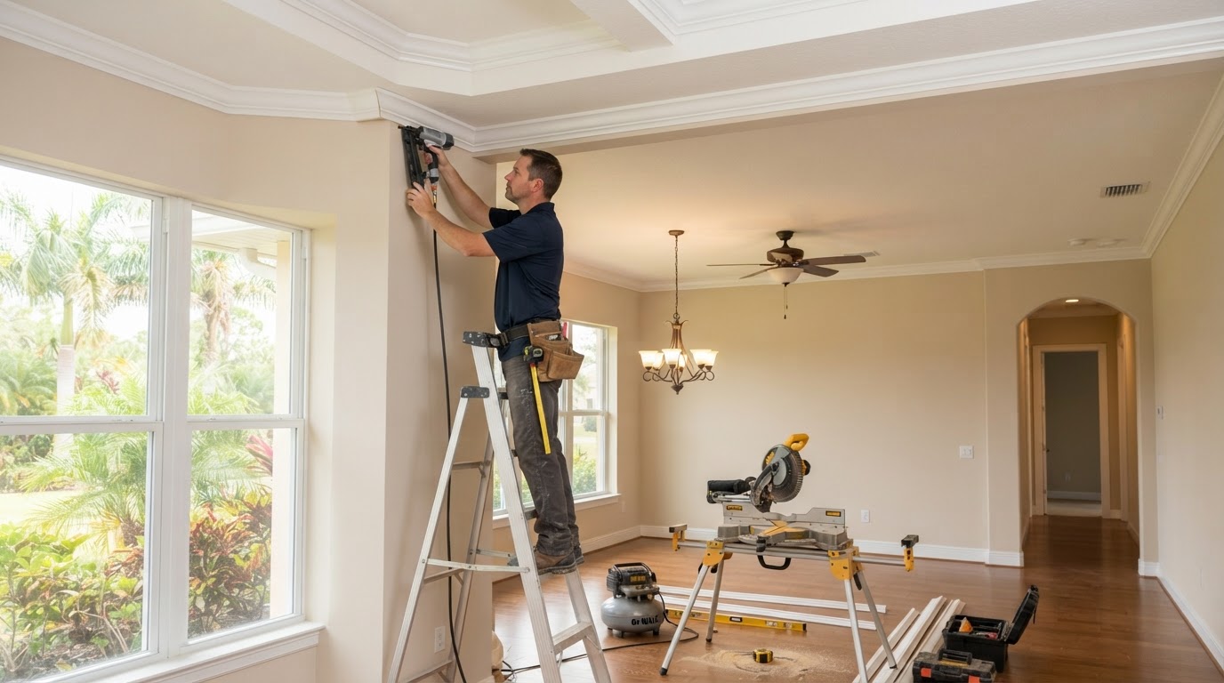 Finish carpentry crown molding installation in Brandon Florida