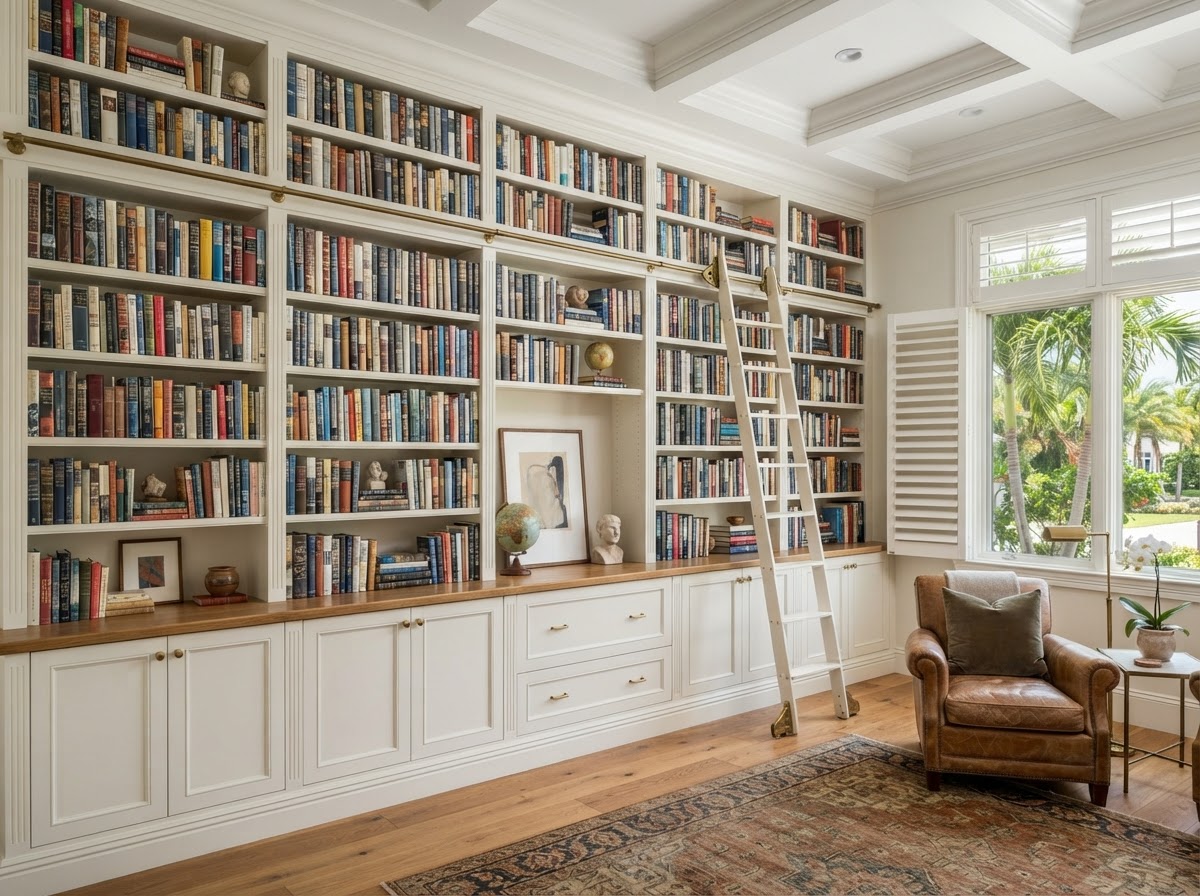 Floor-to-ceiling library wall shelving in a Bloomingdale home