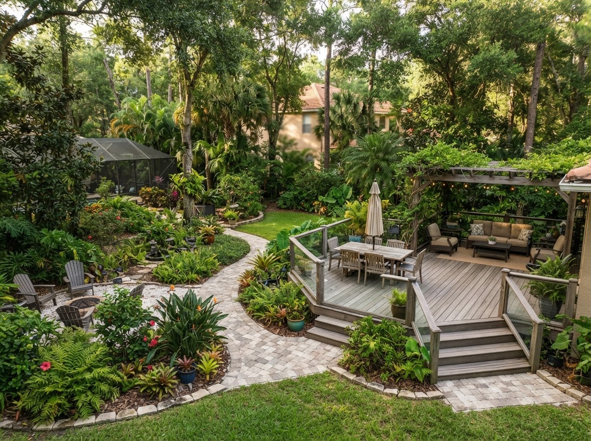 Valrico Florida suburban backyard with deck and outdoor living space