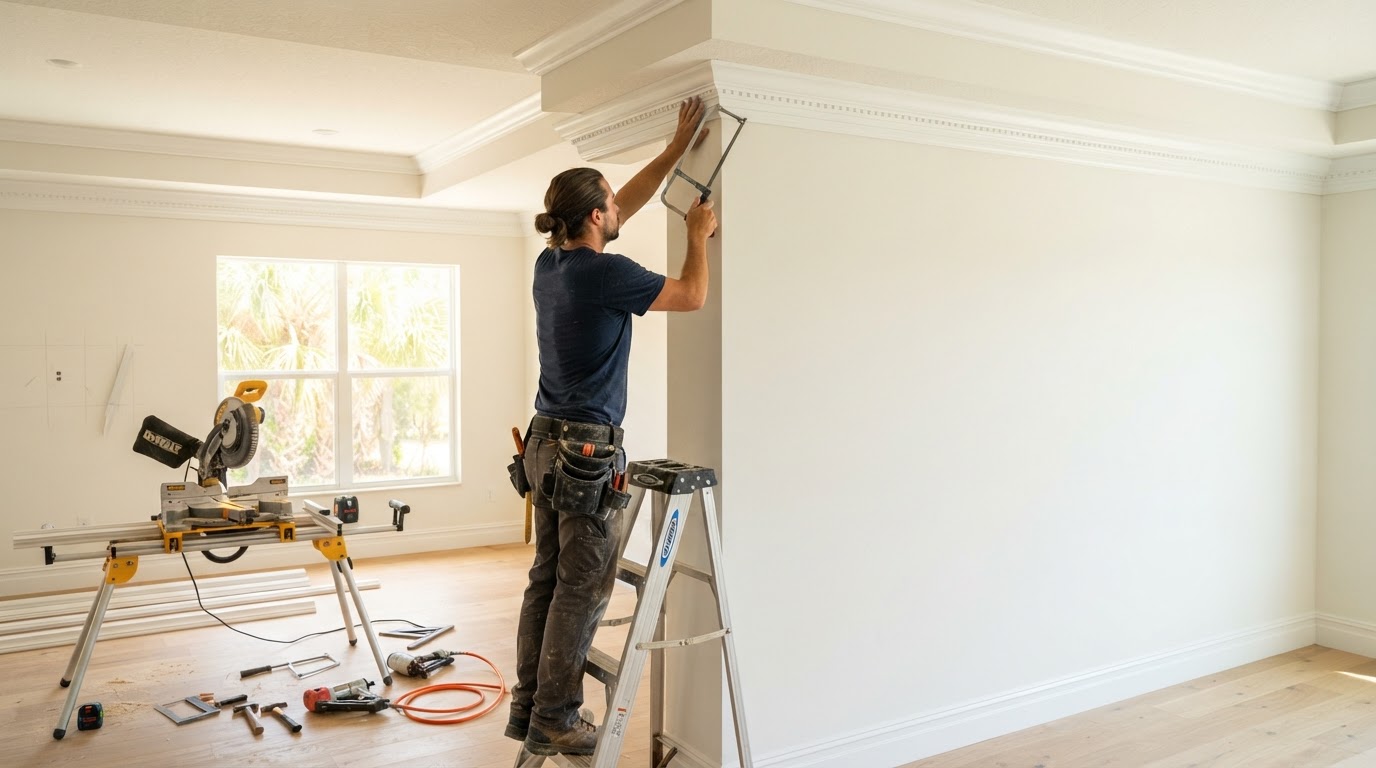 Finish carpenter installing crown molding in Bloomingdale Florida