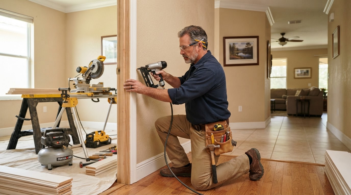 Finish carpenter fitting door casing in an established Brandon Florida home