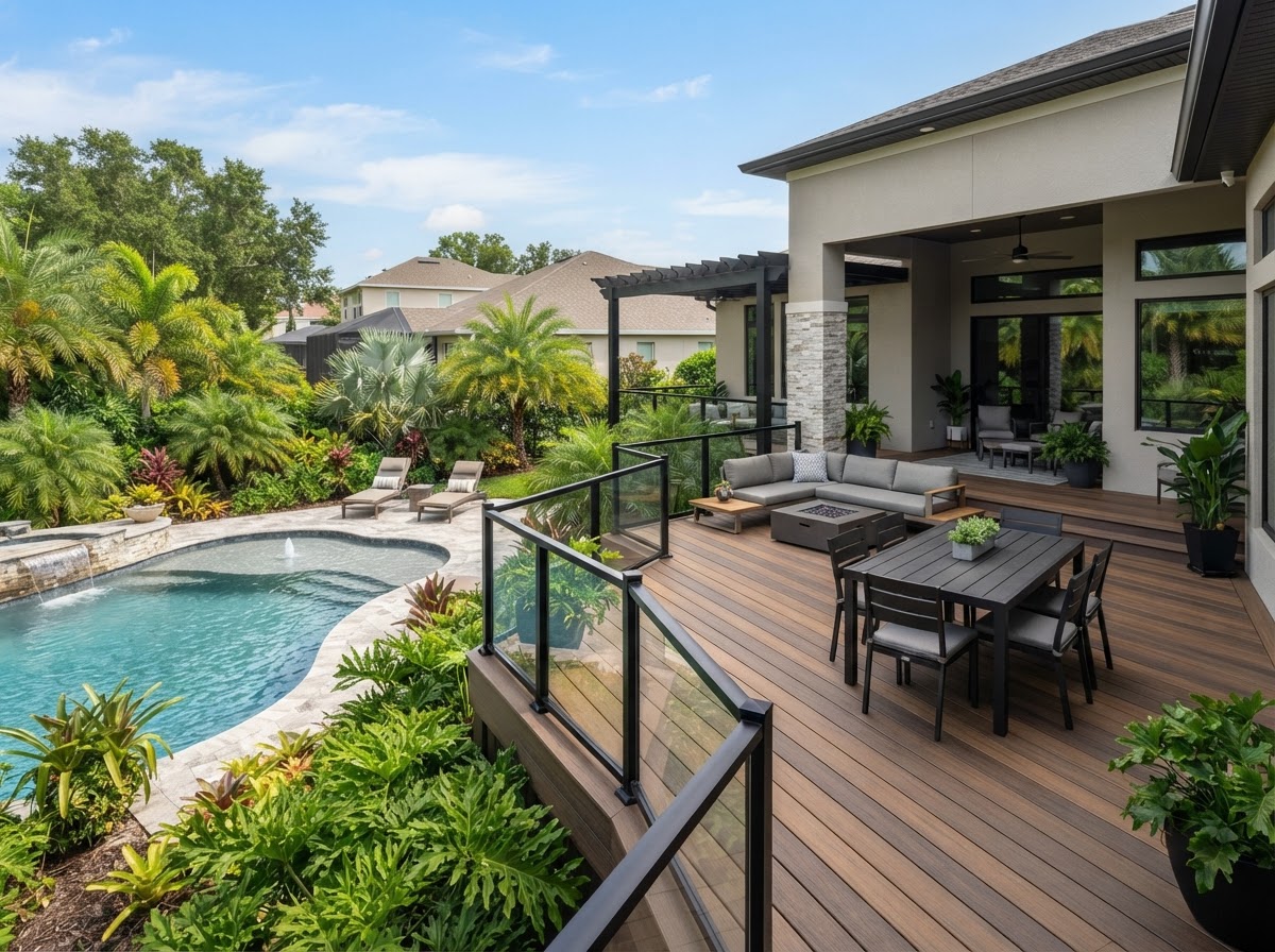 Modern Florida backyard composite deck in a Riverview-style suburban setting