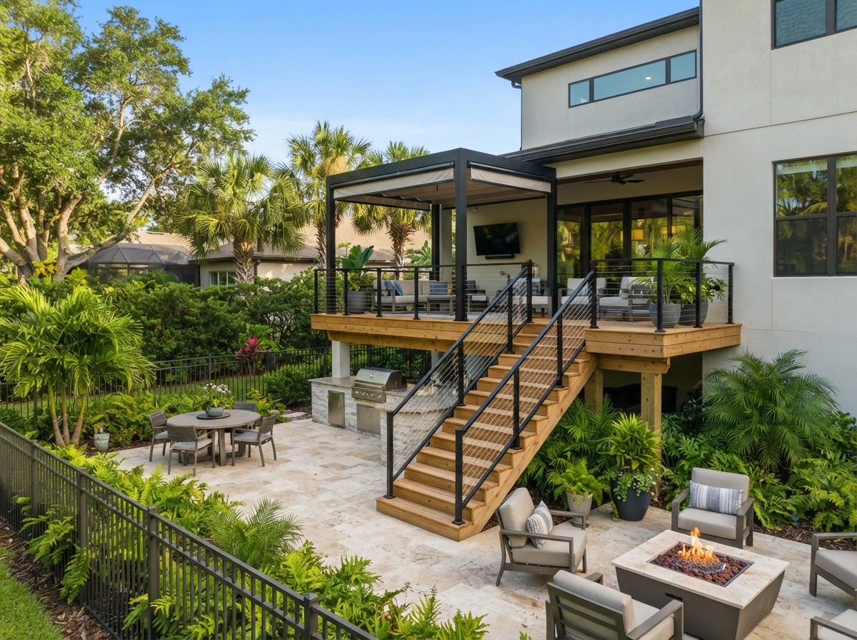 Riverview Florida backyard deck context with mature landscaping