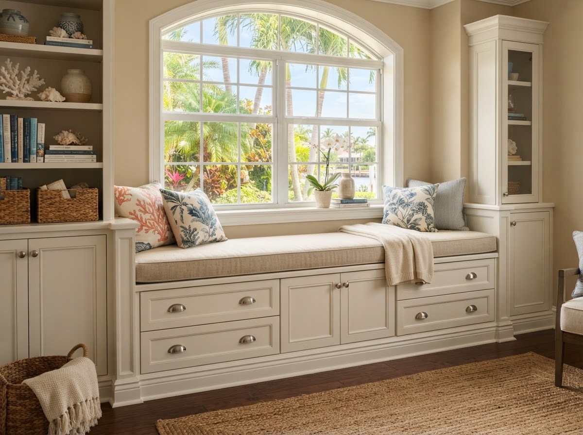 Custom window seat with storage in a Bloomingdale home
