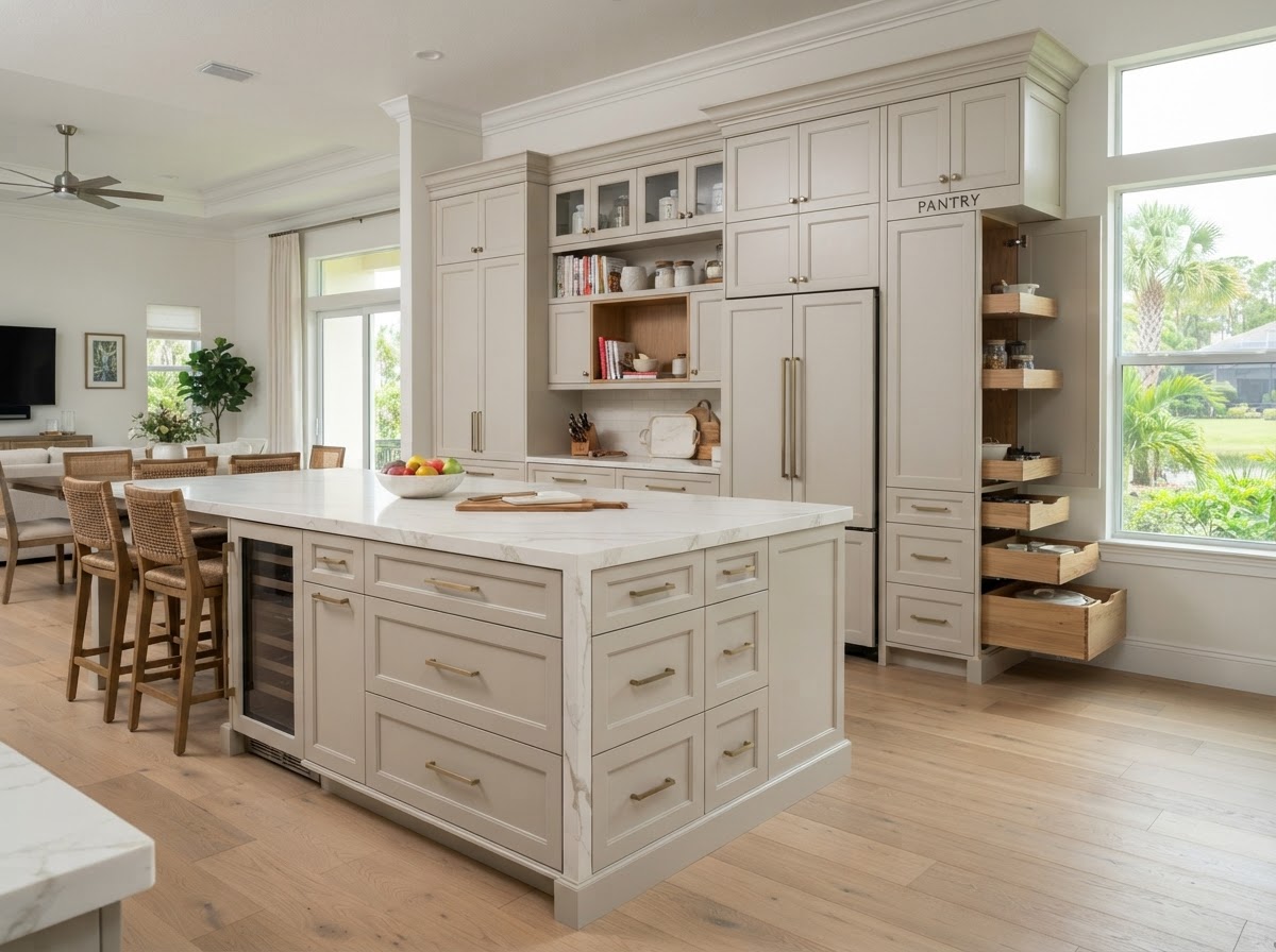 Custom kitchen island and pantry storage in Fish Hawk Florida