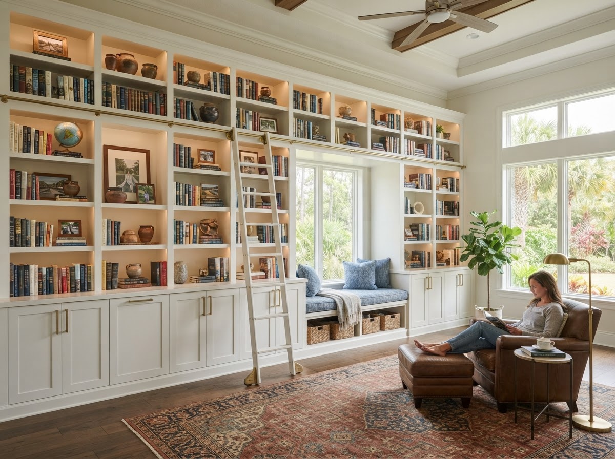 Library and display shelving built-in in Fish Hawk FL