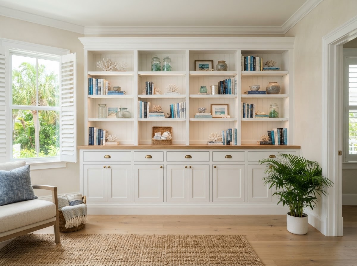 Custom shelving with lower cabinets and drawers in Bloomingdale