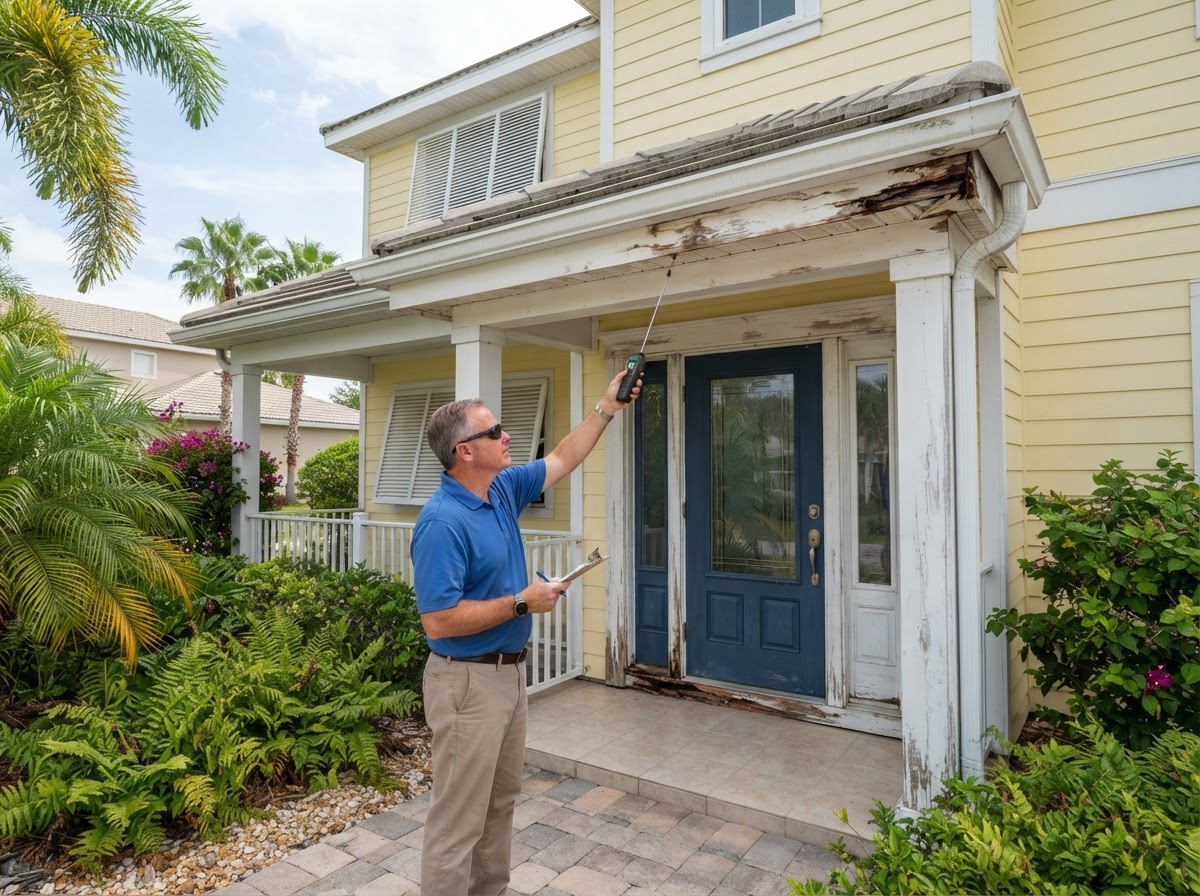 Exterior trim and wood-rot evaluation near a coastal-style Apollo Beach Florida residence