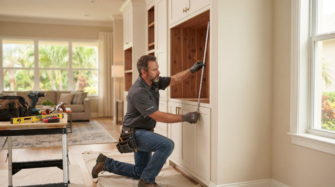 Carpenter measuring custom built-in cabinetry in a Bloomingdale Florida home