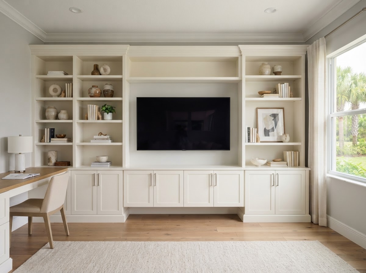 Built-in office and media wall in a Fish Hawk Florida home