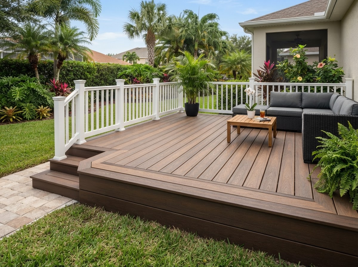 Composite decking surface in a Valrico Florida backyard