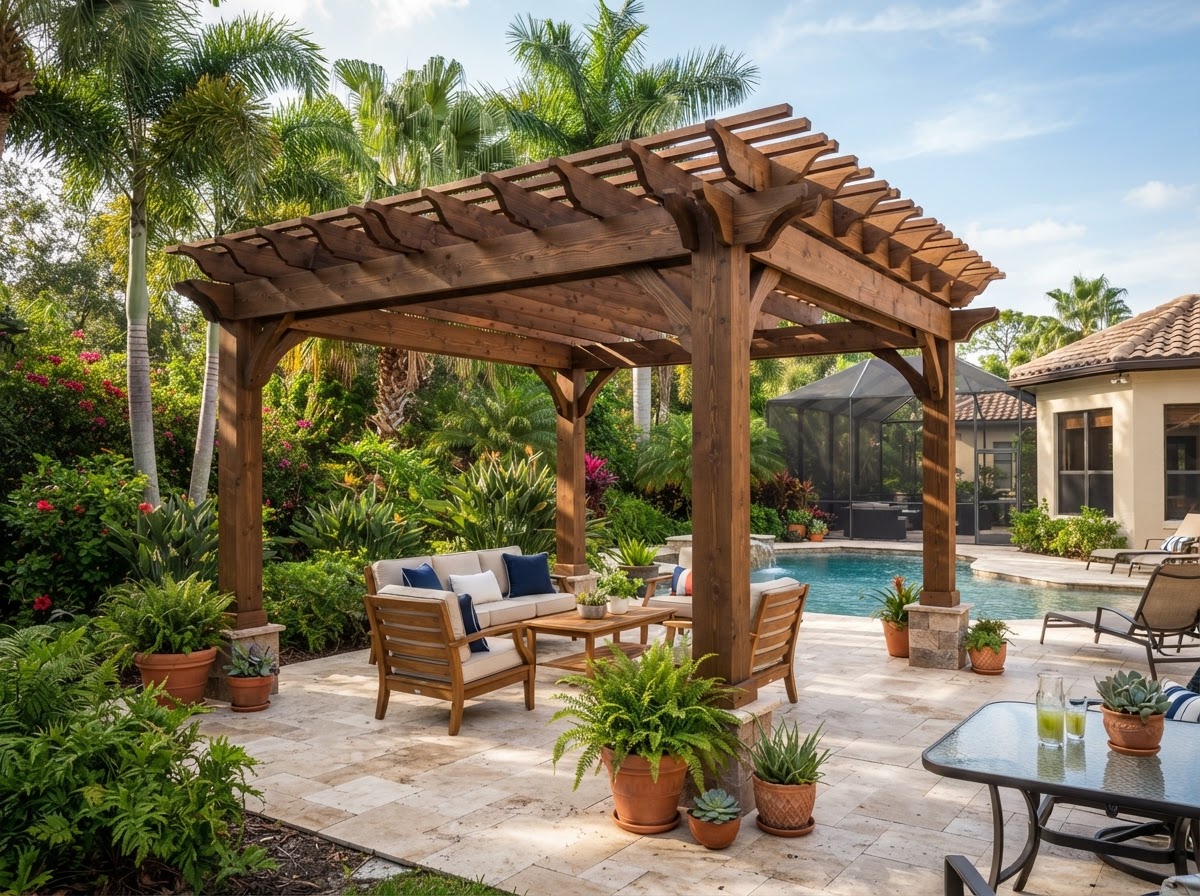 Freestanding pergola in a Bloomingdale Florida backyard