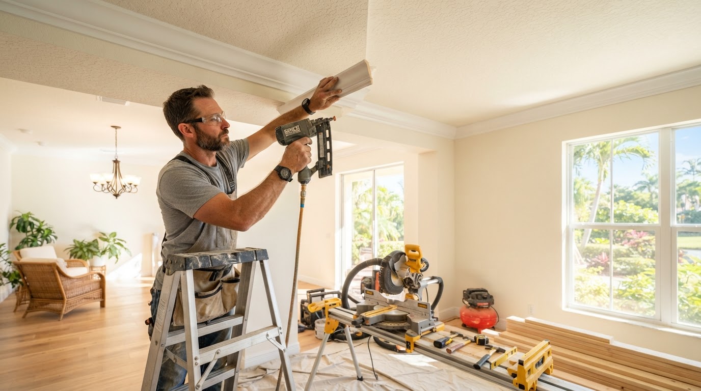 Finish carpenter installing crown molding in Bloomingdale Florida
