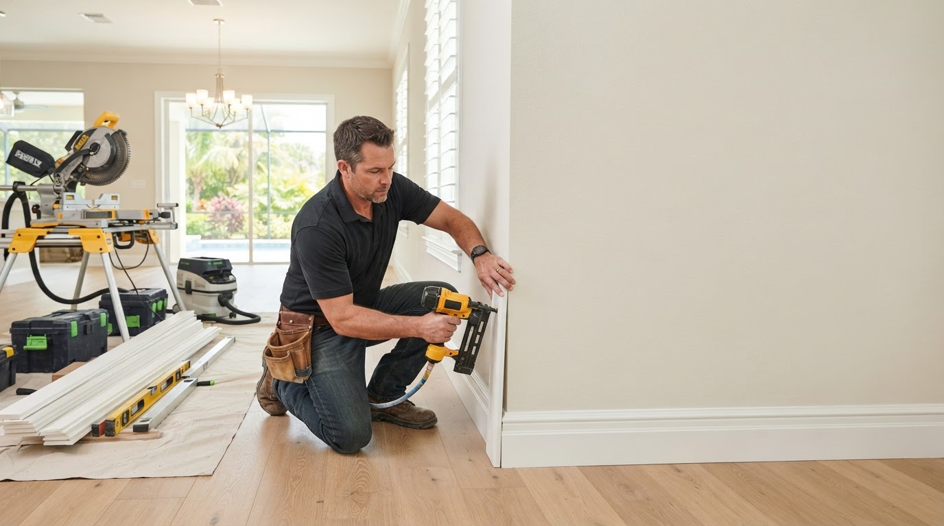 Finish carpenter fitting baseboard in a Bloomingdale Florida home