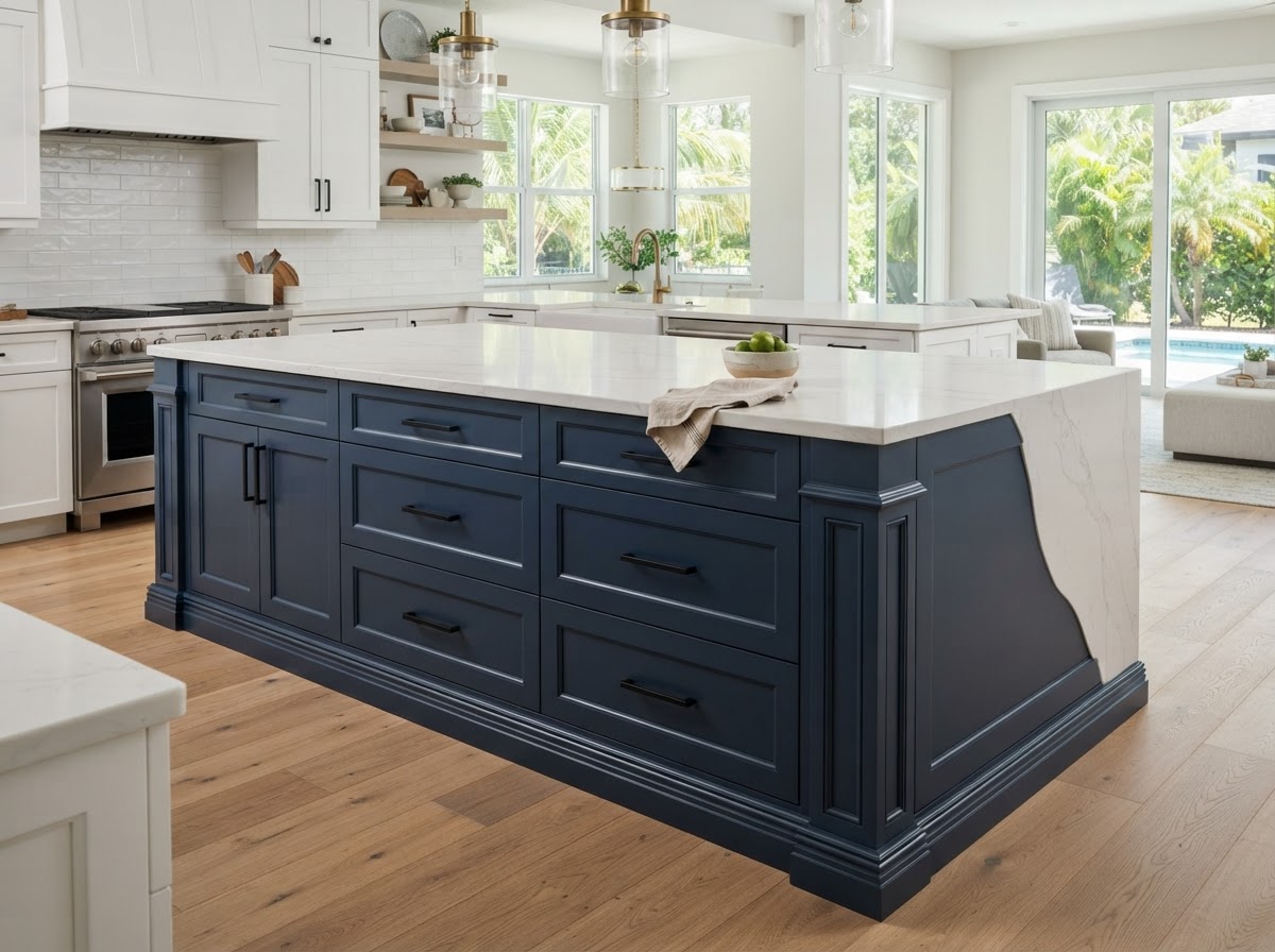 Custom kitchen island and pantry storage in Riverview Florida