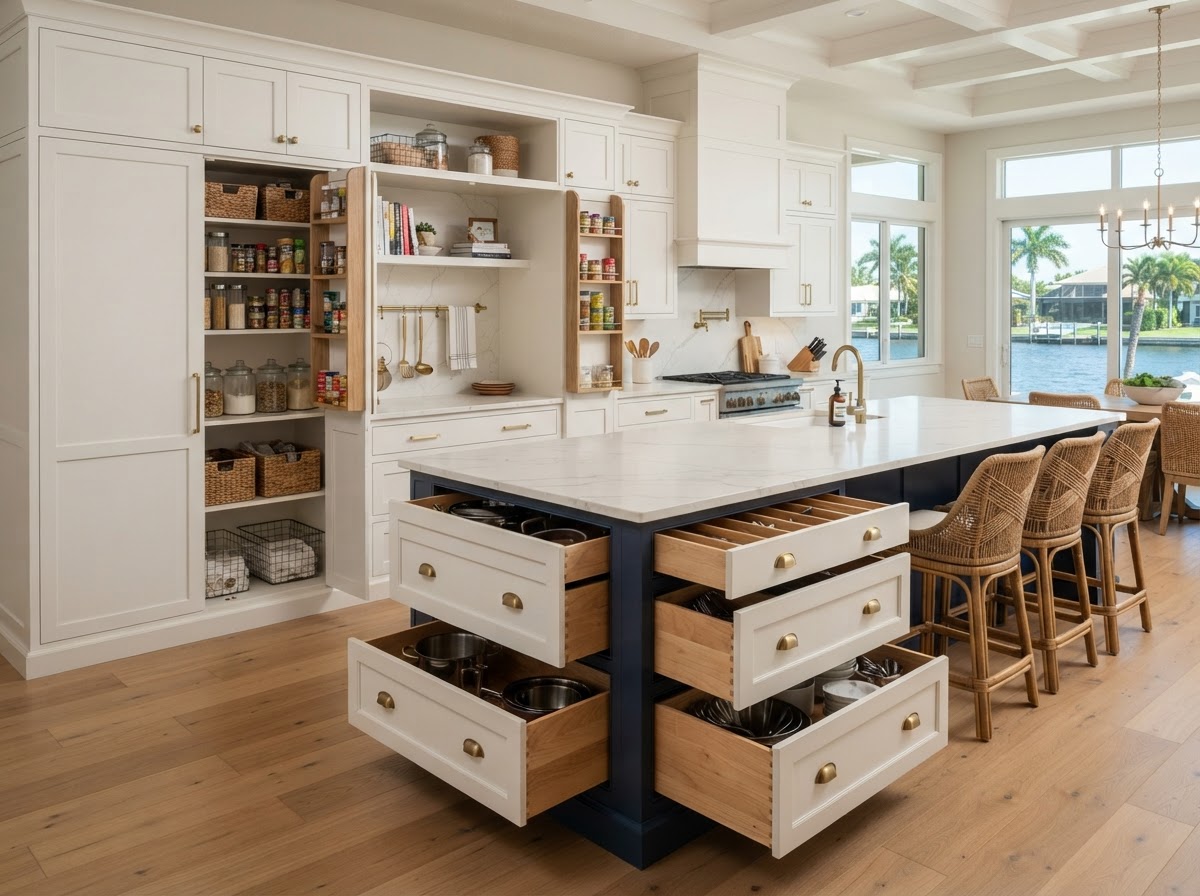 Custom kitchen pantry and island storage in Apollo Beach Florida