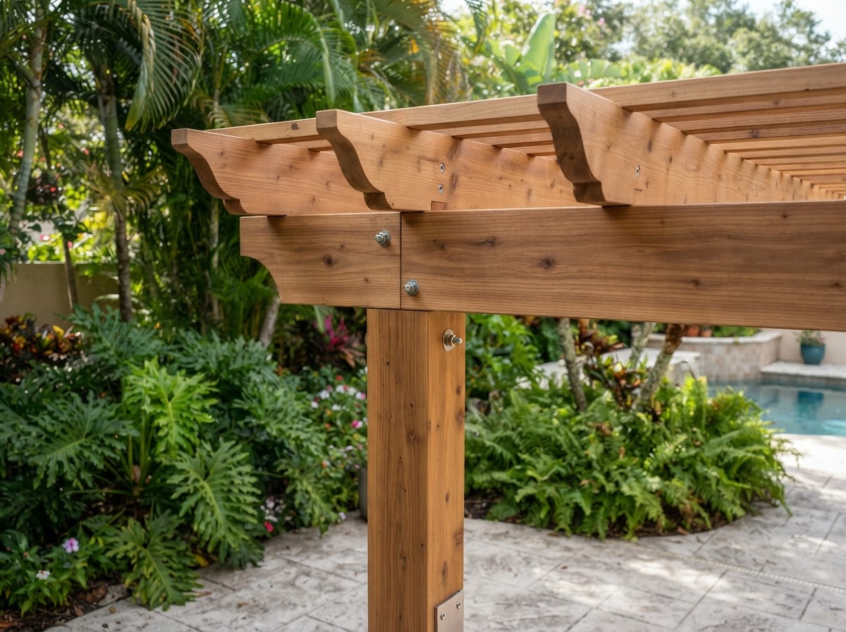 Pergola post beam and rafter finish detail in Bloomingdale