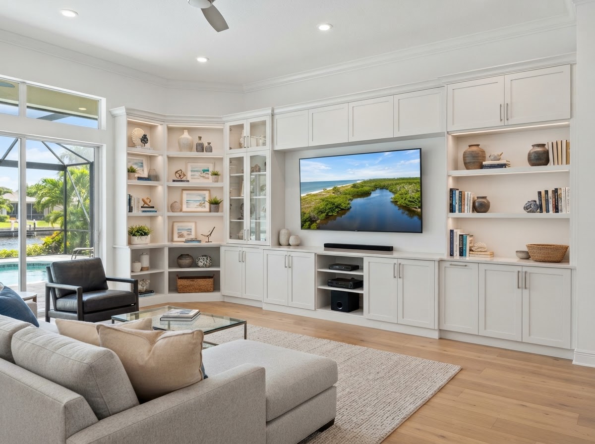 Built-in media and storage cabinetry in an Apollo Beach Florida home