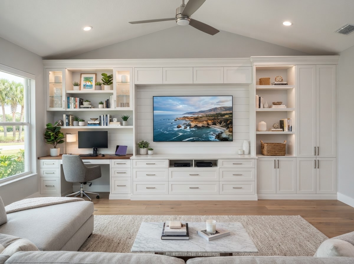Custom media wall and home office built-in in a Riverview Florida home