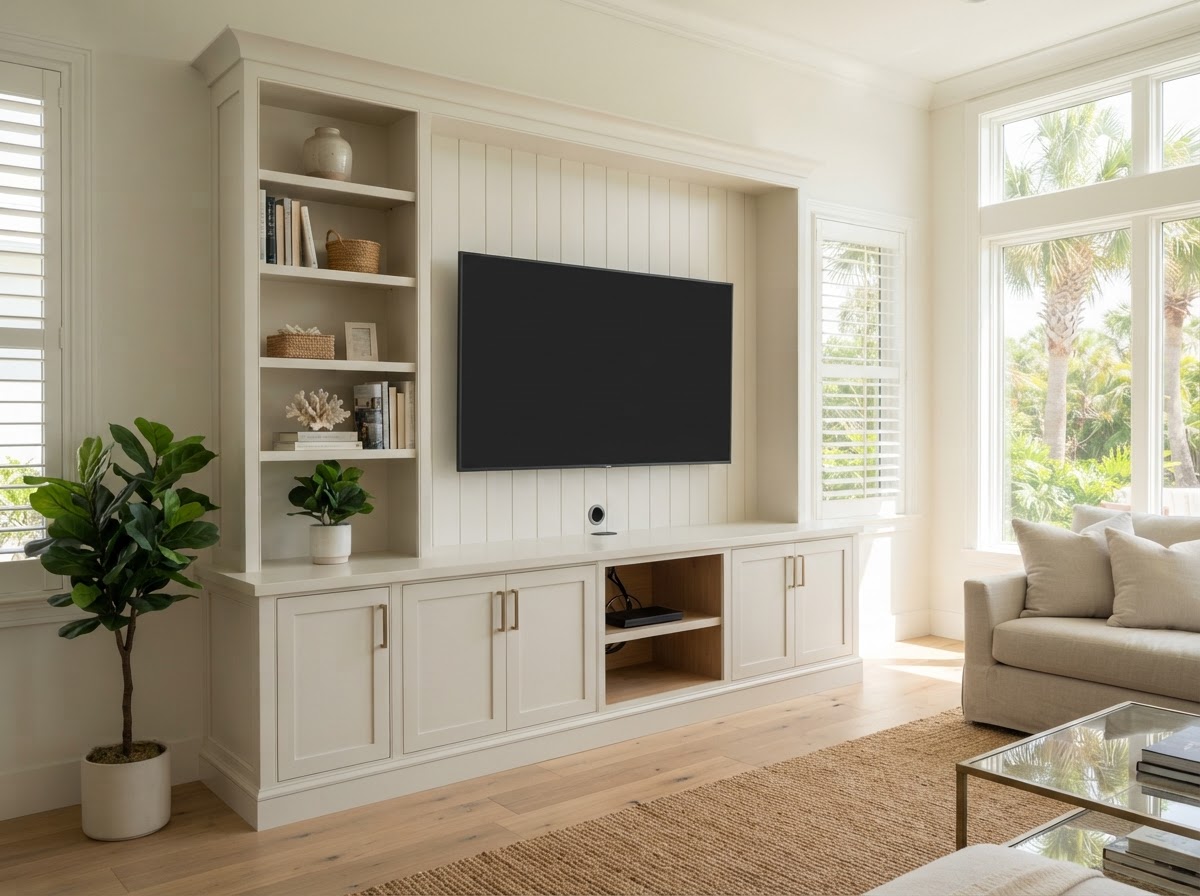 Custom media shelving with TV opening and cable management in Bloomingdale