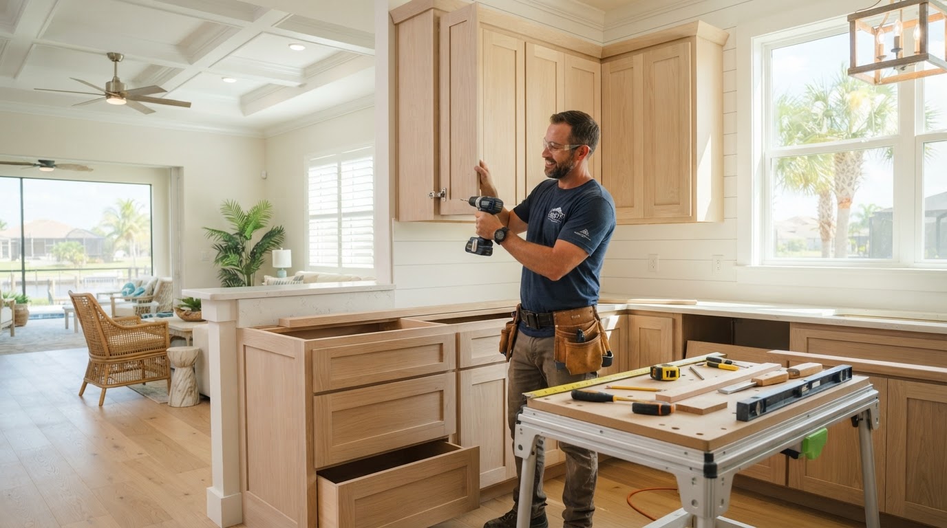Carpenter working on custom cabinetry in a bright coastal-influenced Apollo Beach Florida home