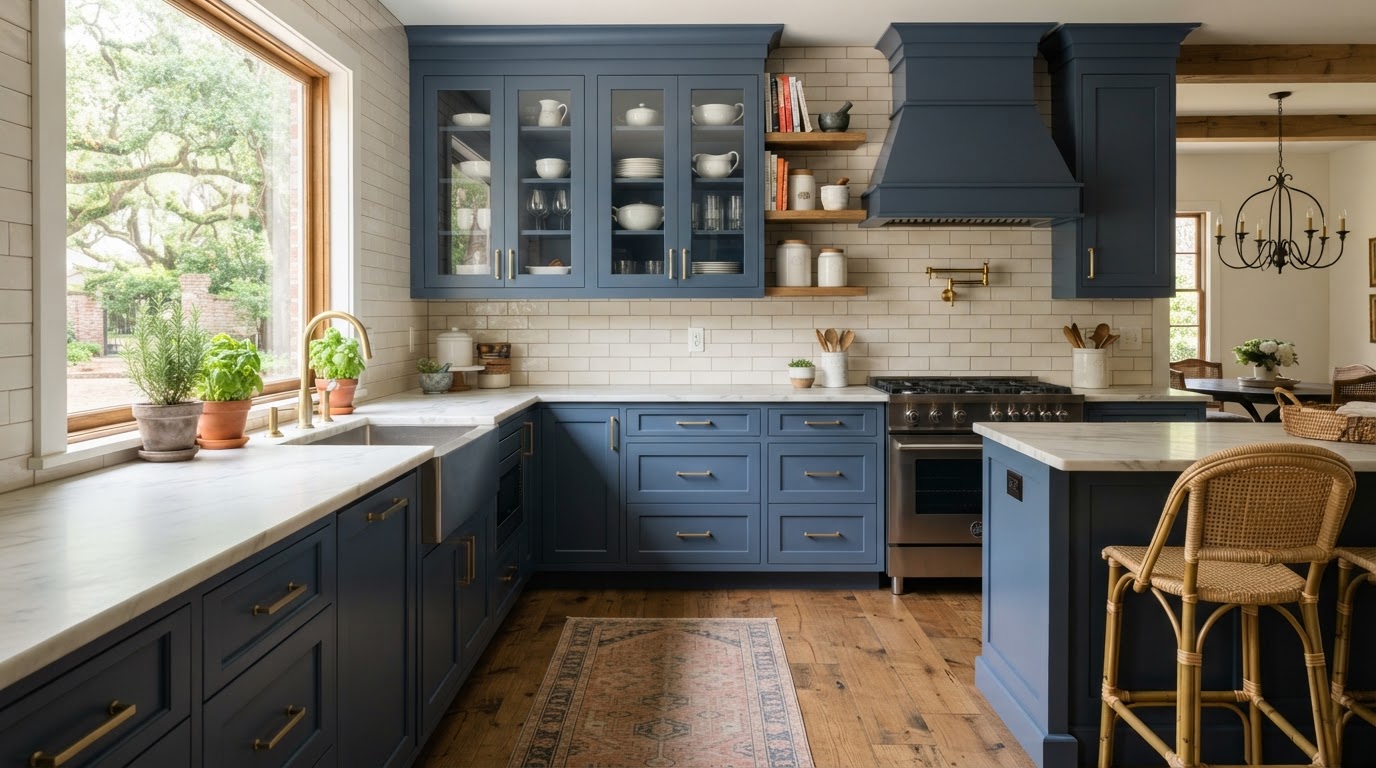 Refinished kitchen cabinets in soft navy blue with brushed gold hardware in a Louisiana kitchen